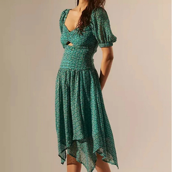 Anthropologie Dresses & Skirts - NEW Anthropologie 10 Floral Puff Sleeved Cut  Out Midi Dress Green Handkerchief